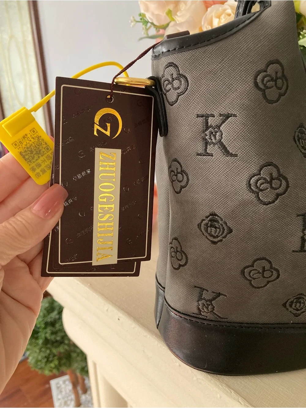 Source Unknown Black Embossed Satchel with Gold Hardware